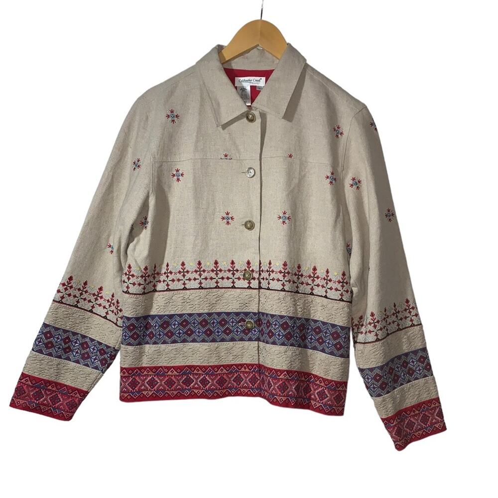 Coldwater Creek Womens Linen Blend Embroidered Long Sleeve Jacket Size L